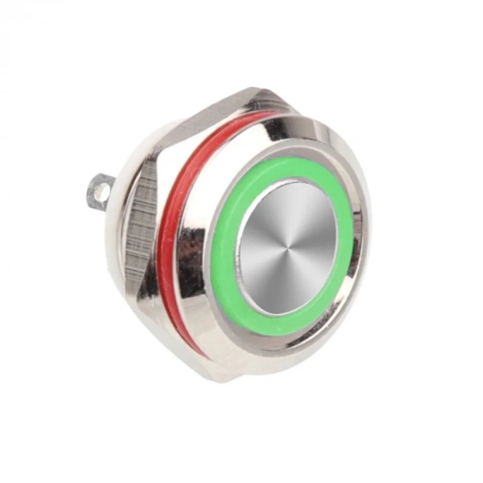 WD12C1-Pin-P1-E 12mm Düz Yaylı Işıklı Metal Buton - Yeşil