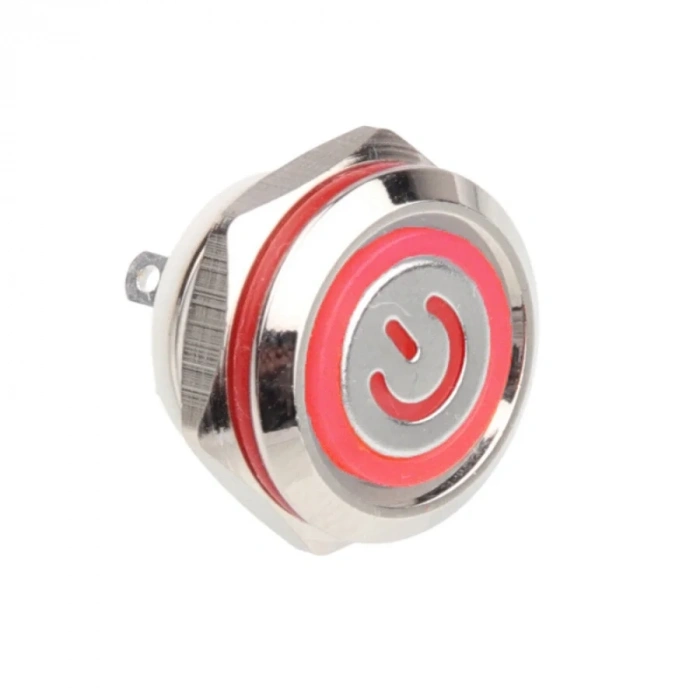 WD12C1-Pin-P1-EC 12mm Düz Yaylı Işıklı Metal Buton - Kırmızı