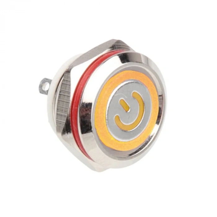 WD12C1-Pin-P1-EC 12mm Düz Yaylı Işıklı Metal Buton - Sarı