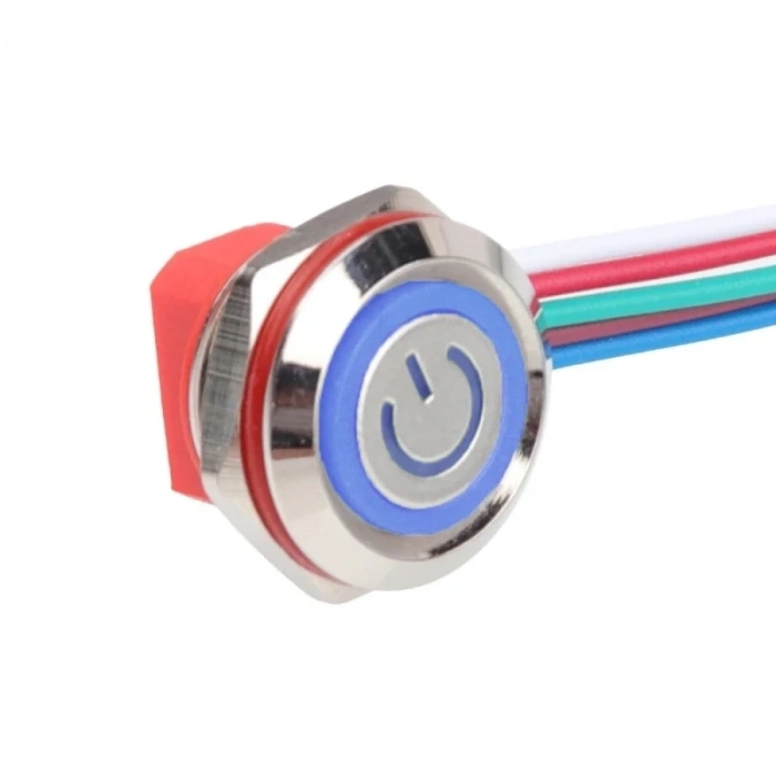 WD12C1-Wired-P1-EC 12mm Düz Yaylı Mavi Işıklı Metal Buton - Kablolu