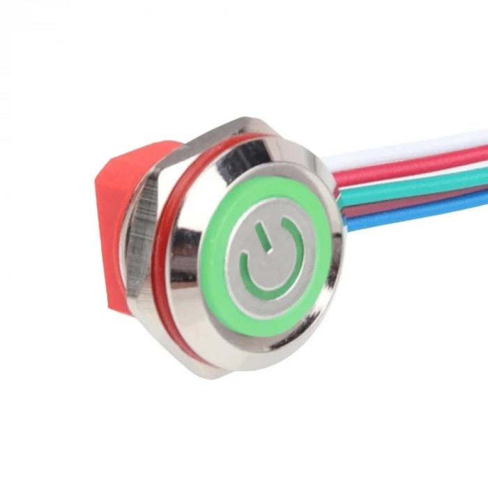 WD12C1-Wired-P1-EC 12mm Düz Yaylı Yeşil Işıklı Metal Buton - Kablolu