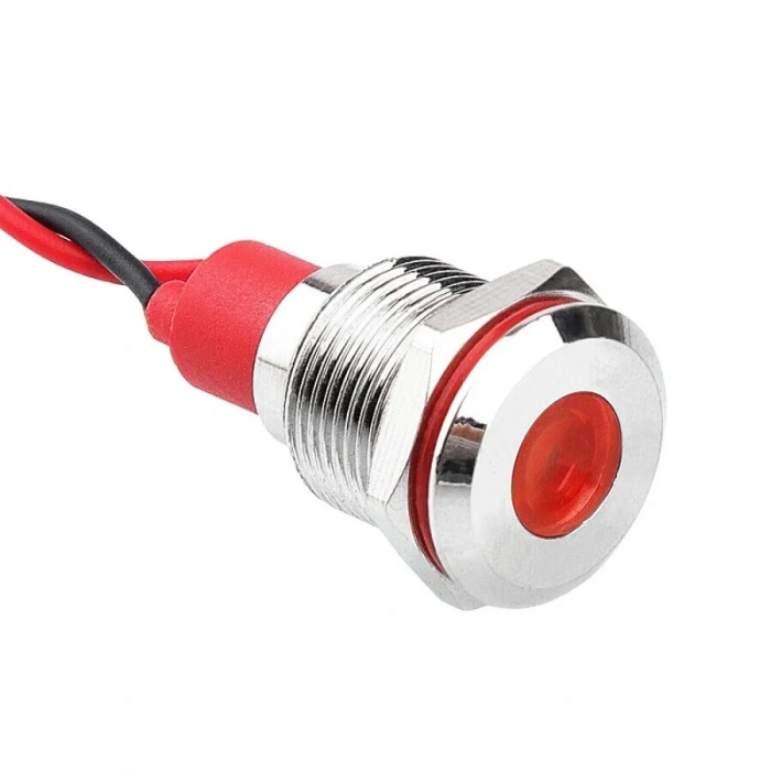WD12L-P2 12mm 12-24V Kablolu Metal Sinyal Lambası - Kırmızı