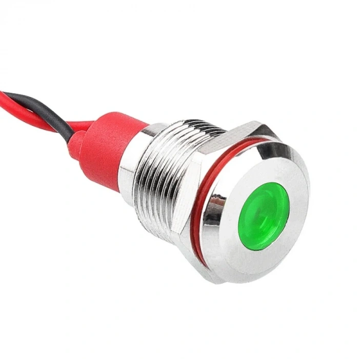 WD12L-P2 12mm 12-24V Kablolu Metal Sinyal Lambası - Yeşil