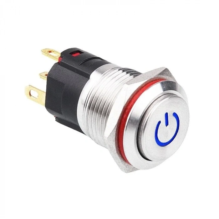 WD16A-G1-C 16mm Çıkık Yaylı Işıklı Power Metal Buton - Mavi