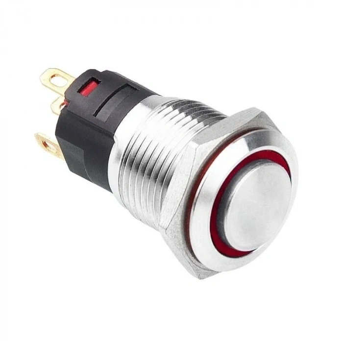WD16A-G1-E 16mm Çıkık Yaylı Işıklı Metal Buton - Kırmızı