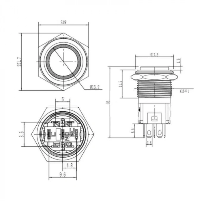 WD16A-G1-E 16mm Çıkık Yaylı Işıklı Metal Buton - Sarı