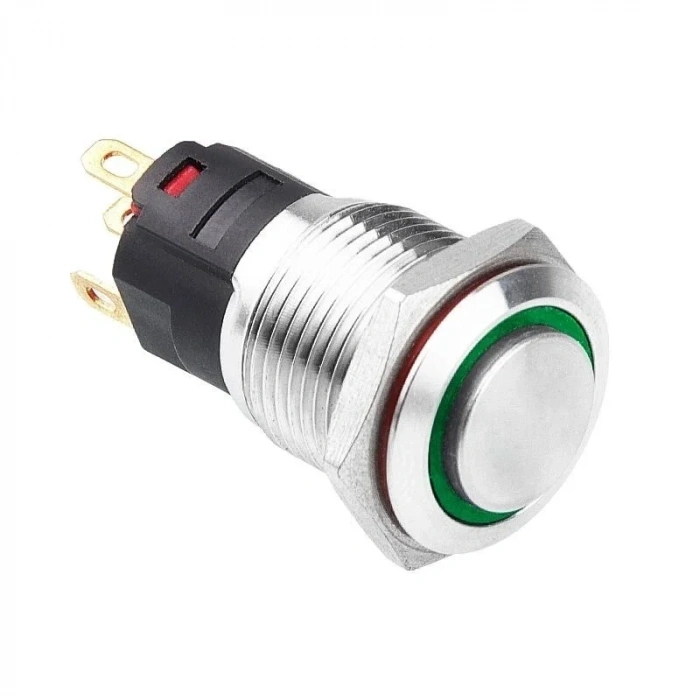 WD16A-G1-E 16mm Çıkık Yaylı Işıklı Metal Buton - Yeşil