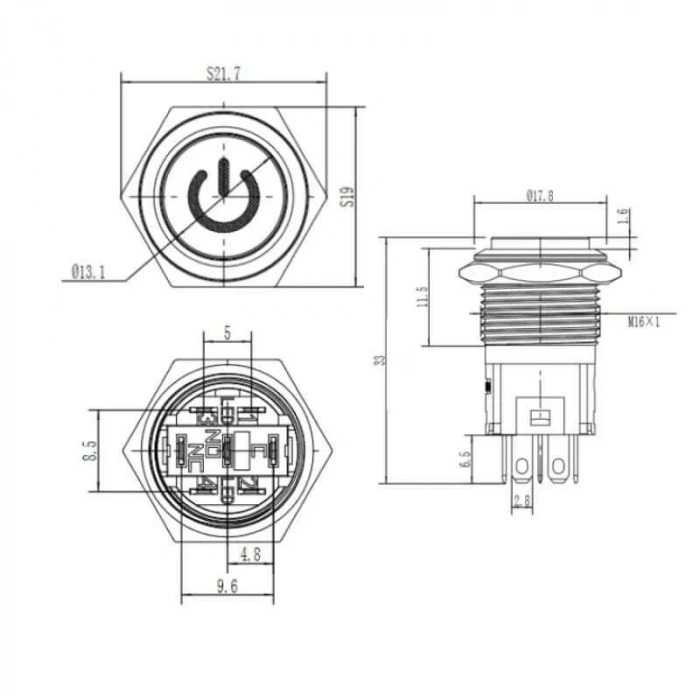 WD16A-G1Z-C 16mm Çıkık Anahtarlı Işıklı Power Metal Buton - Mavi