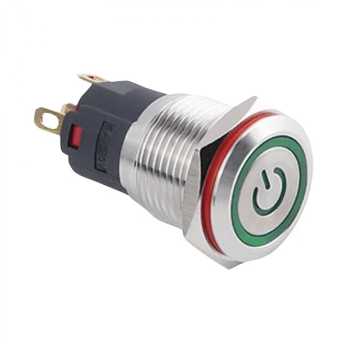 WD16A-P1-EC 16mm Düz Yaylı Işıklı Power Metal Buton - Yeşil