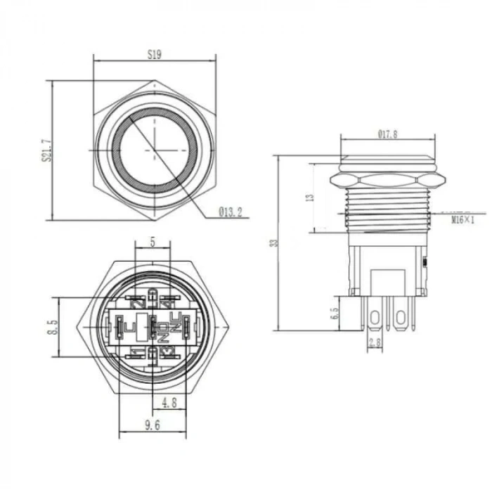WD16A-P1Z-E 16mm Düz Anahtarlı Işıklı Metal Buton - Kırmızı