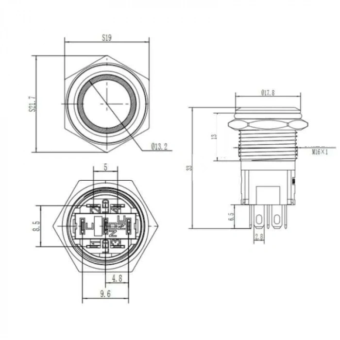 WD16A-P1Z-E 16mm Düz Anahtarlı Işıklı Metal Buton - Mavi