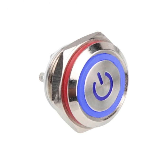 WD16C1-Pin-P1-EC 16mm Düz Yaylı Işıklı Metal Buton - Mavi