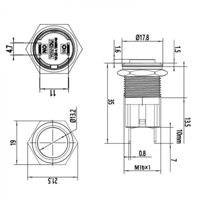 WD16D-G1 16mm Çıkık Yaylı Metal Buton