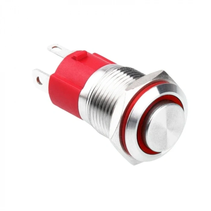 WD16D-G1Z-E 16mm Çıkık Anahtarlı Işıklı Metal Buton - Kırmızı