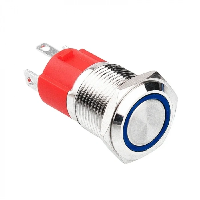 WD16D-P1-E 16mm Düz Yaylı Işıklı Metal Buton - Mavi