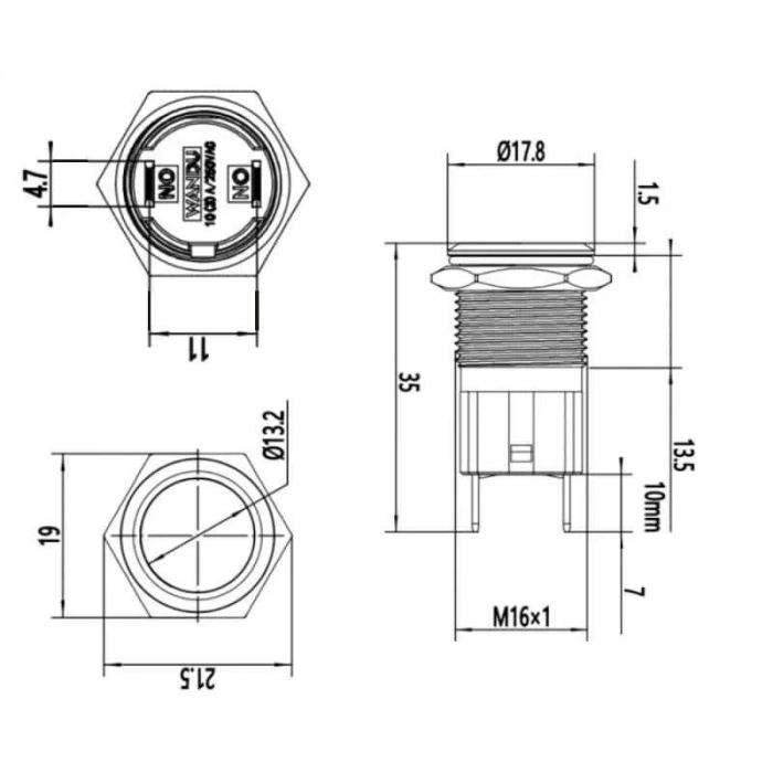 WD16D-P1Z 16mm Düz Anahtarlı Metal Buton
