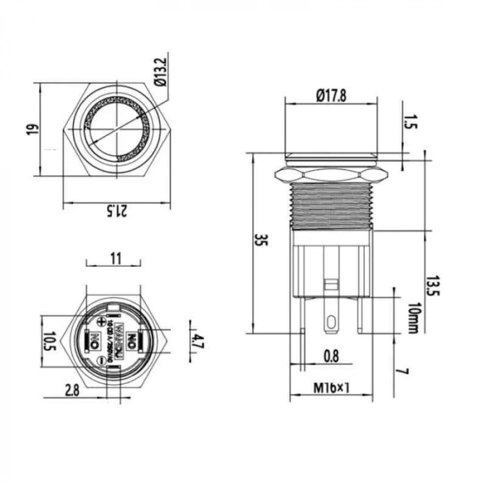 WD16D-P1Z-E 16mm Düz Anahtarlı Işıklı Metal Buton - Kırmızı