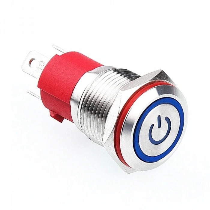 WD16D-P1Z-EC 16mm Düz Anahtarlı Işıklı Power Metal Buton - Mavi