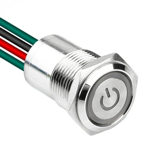 WD16D1-P2-EC 16mm Düz Yaylı Işıklı Power Kablolu Metal Buton - Beyaz