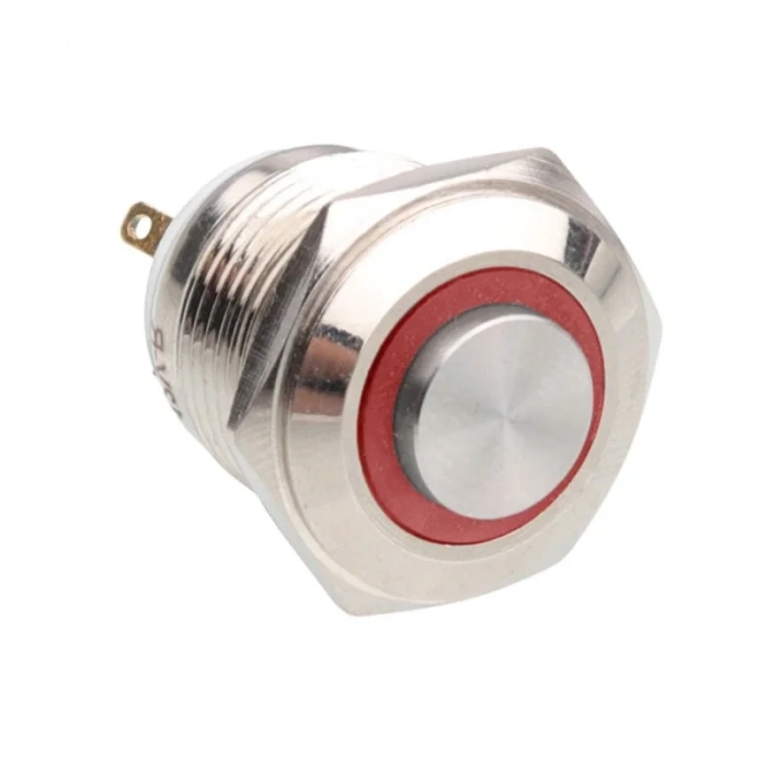 WD16H-G1-E 16mm Çıkık Yaylı Işıklı Metal Buton - Kırmızı