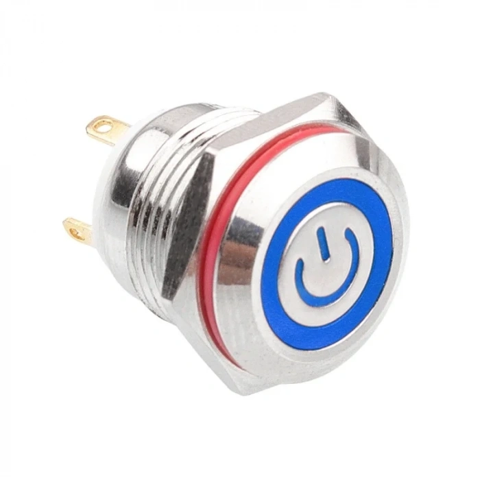 WD16H-P0-EC 16mm Düz Yaylı Işıklı Power Metal Buton - Mavi