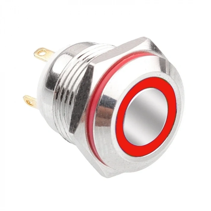 WD16H-P1-E 16mm Düz Yaylı Işıklı Metal Buton - Kırmızı