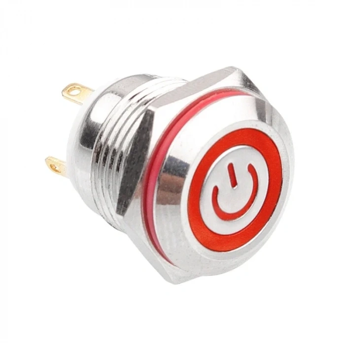 WD16H-P1-EC 16mm Düz Yaylı Işıklı Power Metal Buton - Kırmızı