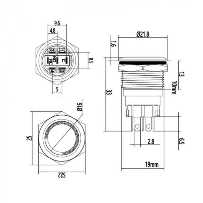 WD19A-P1-E 19mm Düz Yaylı Işıklı Metal Buton - Beyaz