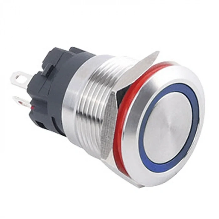 WD19A-P1-E 19mm Düz Yaylı Işıklı Metal Buton - Mavi