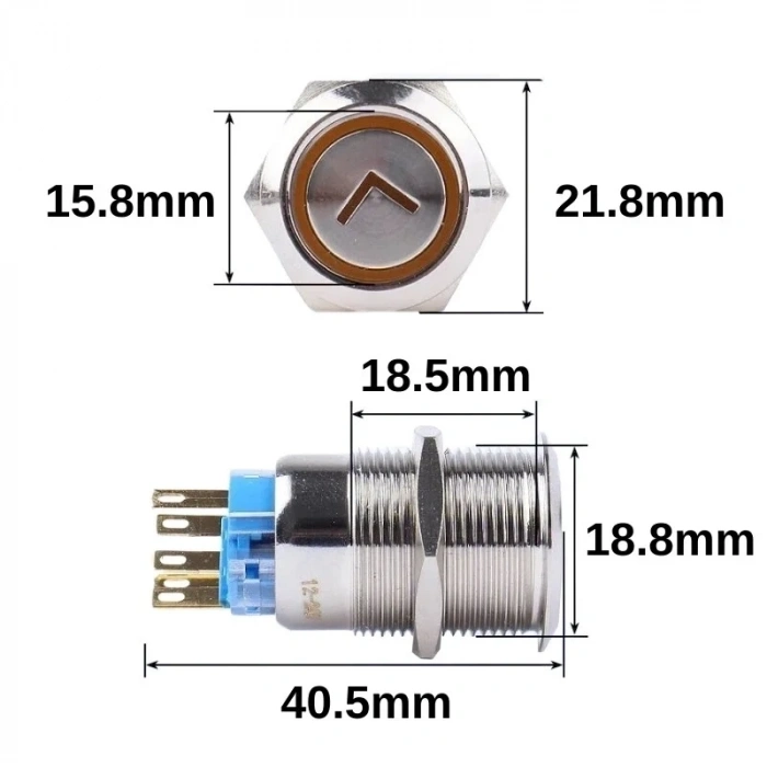 WD19A-P1-ET 19mm Düz Yaylı Işıklı Ok İşaretli Metal Buton - Beyaz