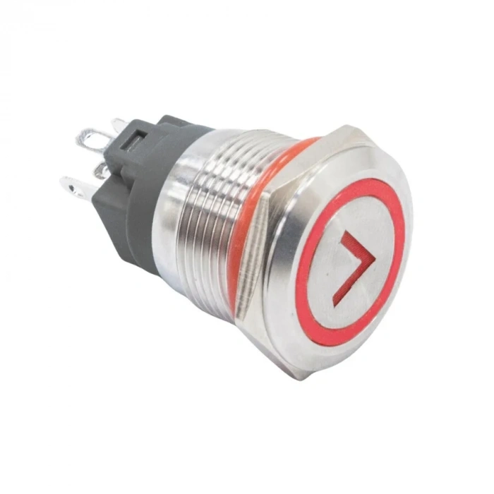 WD19A-P1-ET 19mm Düz Yaylı Işıklı Ok İşaretli Metal Buton - Kırmızı