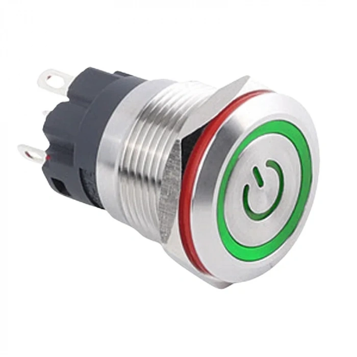 WD19A-P1Z-EC 19mm Düz Anahtarlı Işıklı Power Metal Buton - Yeşil