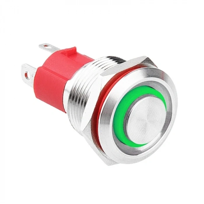 WD19D-G1-E 19mm Çıkık Yaylı Işıklı Metal Buton - Yeşil