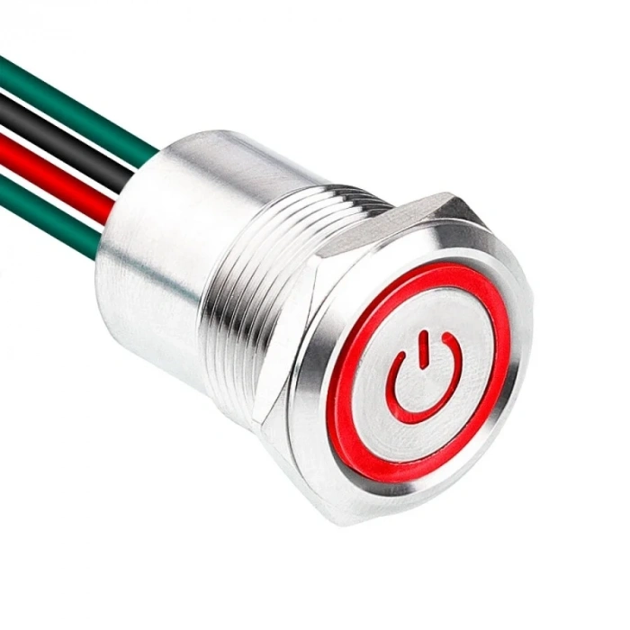 WD19D1-P2-EC 19mm Düz Yaylı Işıklı Power Kablolu Metal Buton - Kırmızı