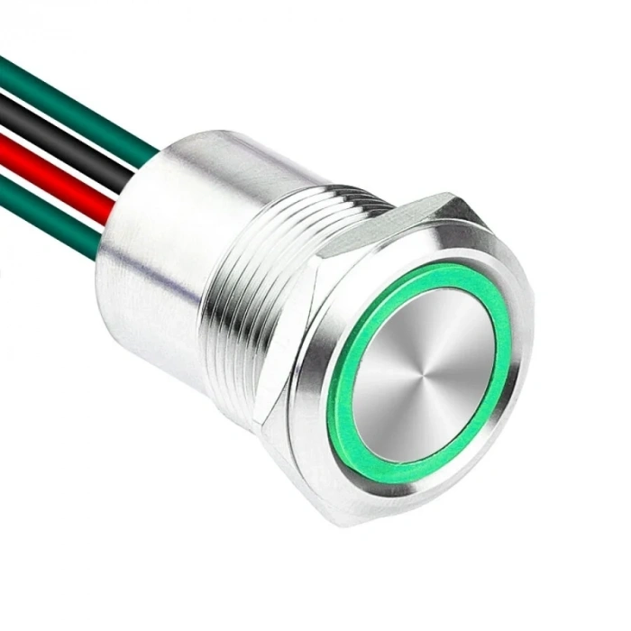 WD19D1-P2Z-E 19mm Düz Anahtarlı Işıklı Kablolu Metal Buton - Yeşil
