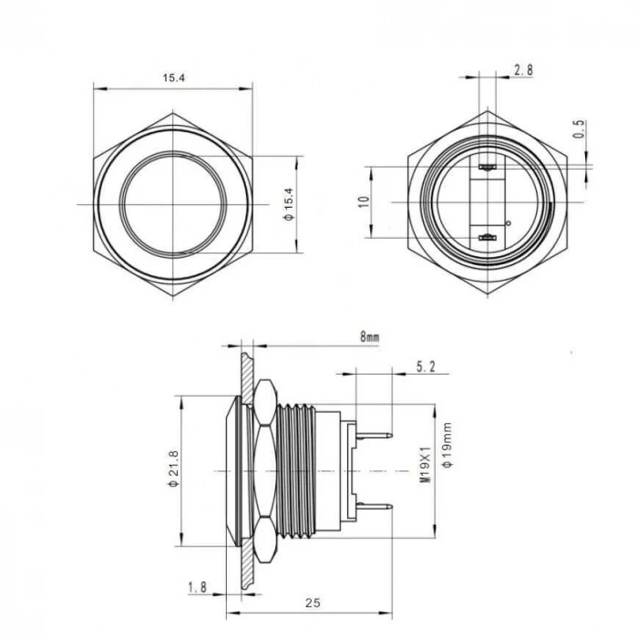 WD19H-P1 19mm Düz Yaylı Metal Buton