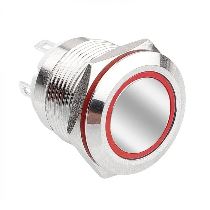 WD19H-P1-E 19mm Düz Yaylı Işıklı Metal Buton - Kırmızı