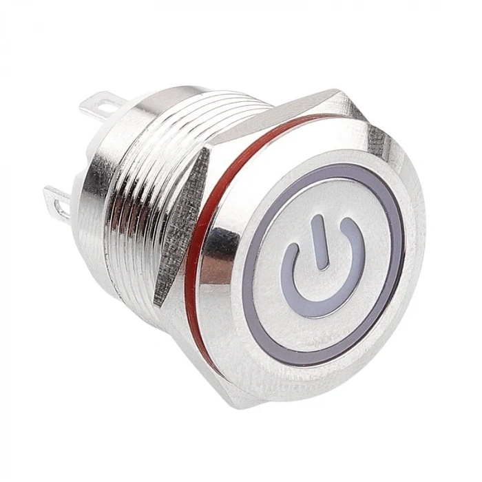 WD19H-P1-EC 19mm Düz Yaylı Işıklı Power Metal Buton - Beyaz