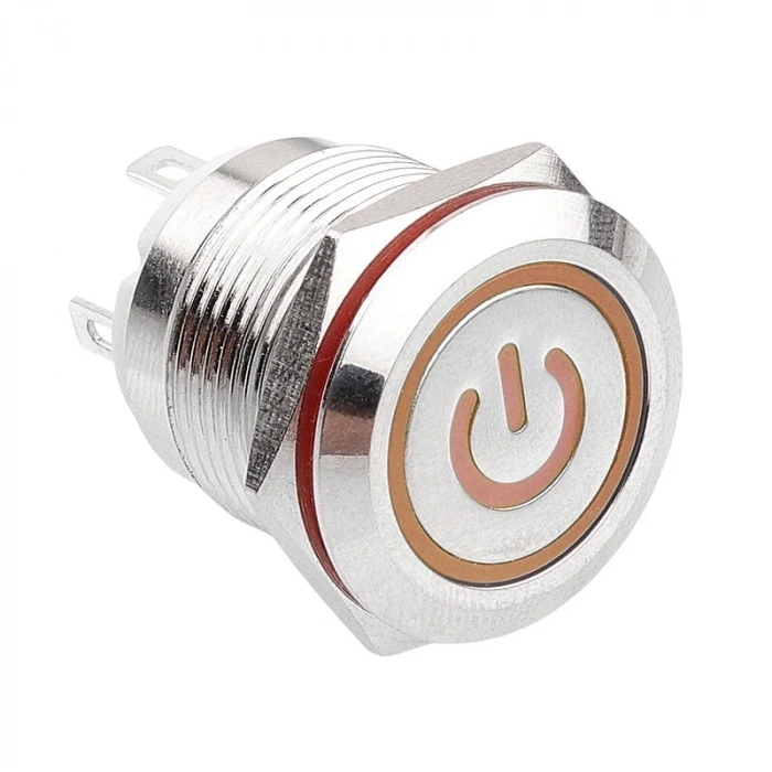 WD19H-P1-EC 19mm Düz Yaylı Işıklı Power Metal Buton - Sarı