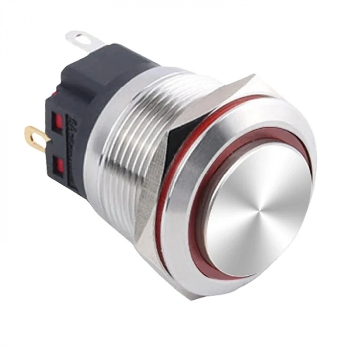 WD22B-G1-E 22mm Çıkık Yaylı Işıklı Metal Buton - Kırmızı