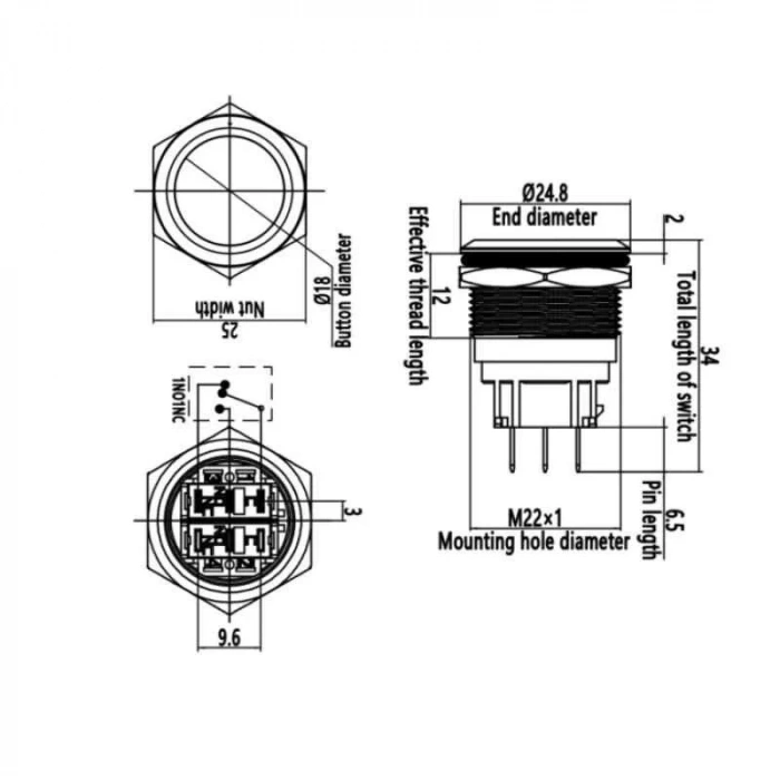 WD22B-P1 22mm Düz Yaylı Metal Buton