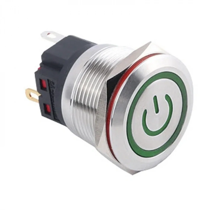 WD22B-P1-EC 22mm Düz Yaylı Işıklı Power Metal Buton - Yeşil