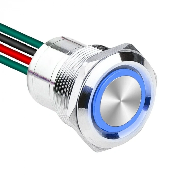 WD22D1-P2-E 22mm Düz Yaylı Işıklı Kablolu Metal Buton - Mavi