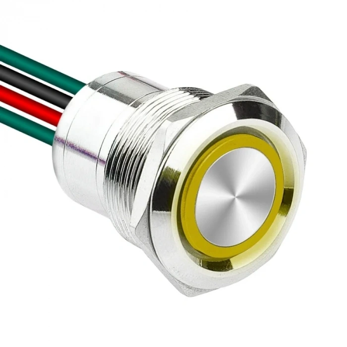 WD22D1-P2-E 22mm Düz Yaylı Işıklı Kablolu Metal Buton - Sarı