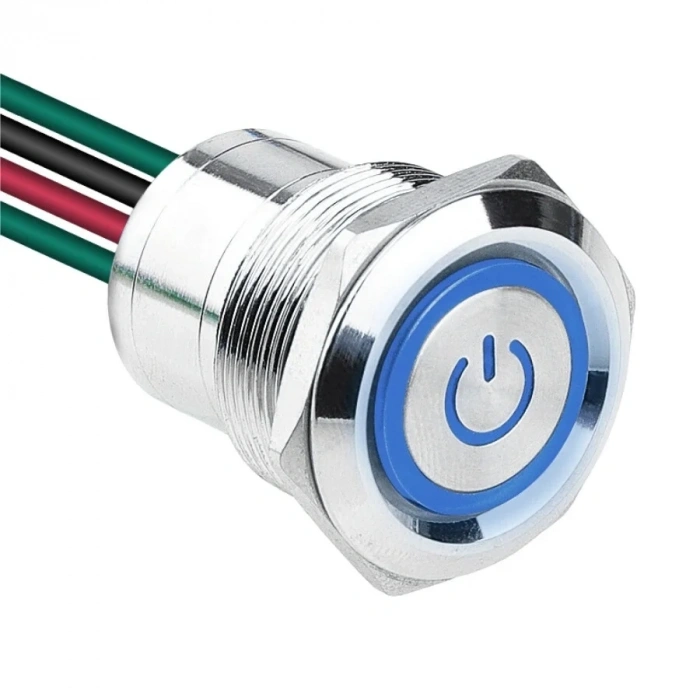 WD22D1-P2-EC 22mm Düz Yaylı Işıklı Power Kablolu Metal Buton - Mavi
