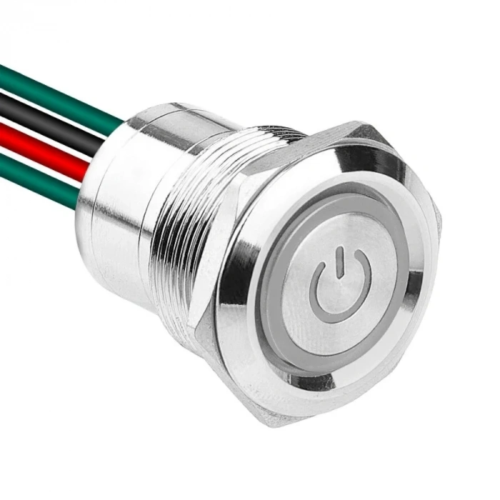 WD22D1-P2Z-EC 22mm Düz Anahtarlı Işıklı Power Kablolu Metal Buton - Beyaz