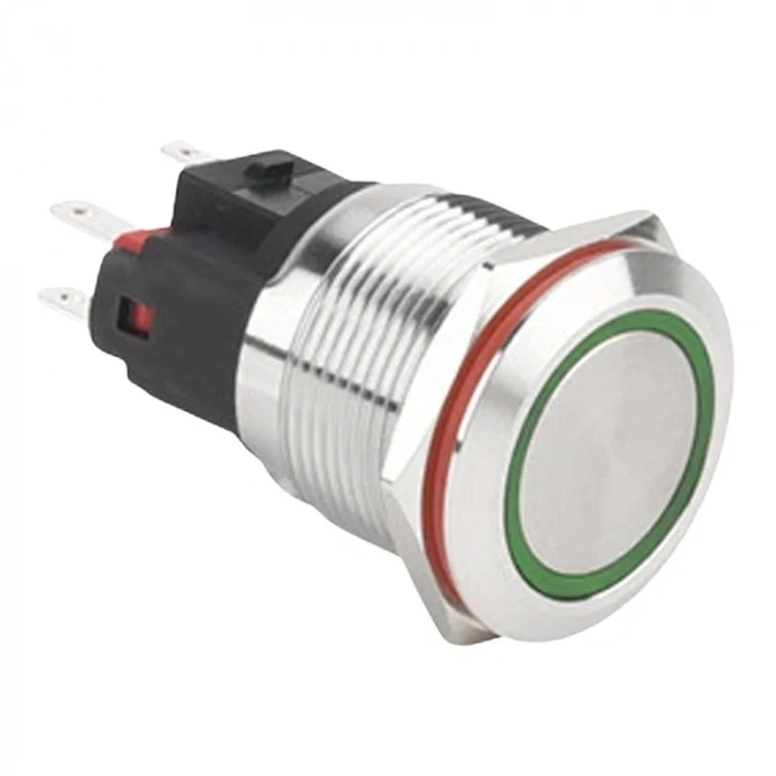 WD22E-P1-E 22mm Düz Yaylı Işıklı Metal Buton - Yeşil