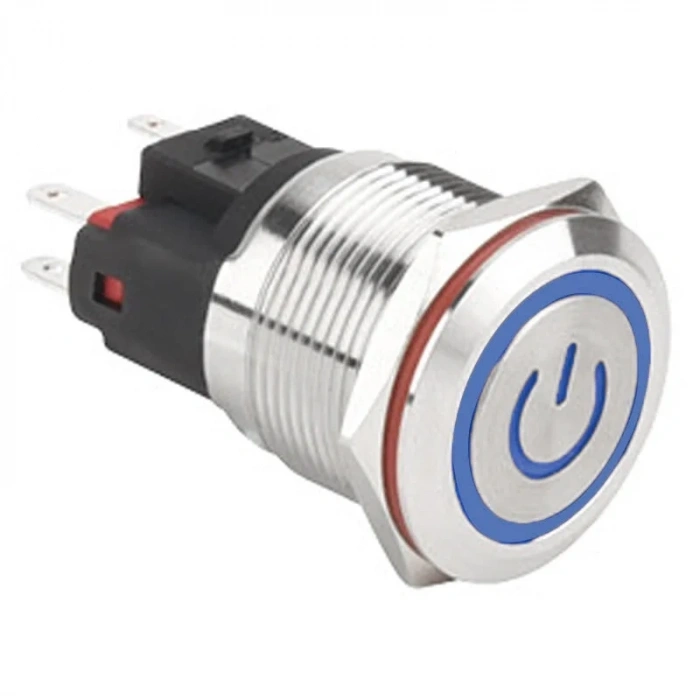 WD22E-P1Z-EC 22mm Düz Anahtarlı Işıklı Power Metal Buton - Mavi
