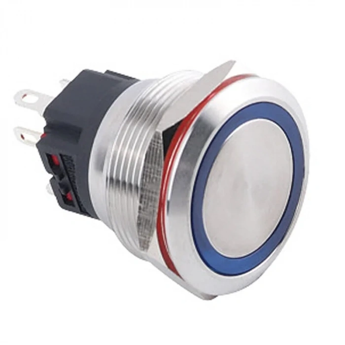 WD25B-P1-E 25mm Düz Yaylı Işıklı Metal Buton - Mavi