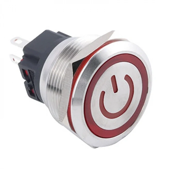 WD25B-P1-EC 25mm Düz Yaylı Işıklı Power Metal Buton - Kırmızı